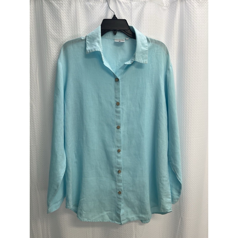 Spirit Activewear 100% Linen Aqua Blue Button Front Lagenlook Tunic Blouse Med